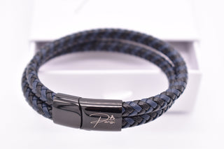 Parisi Armband - Doppelseil Leder - blau schwarz - Stahlverschluss - Männer - Herren - Inkl. Weiße Schmuckschachtel