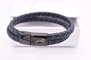 Parisi Armband - Doppelseil Leder - blau schwarz - Stahlverschluss - Männer - Herren - Inkl. Weiße Schmuckschachtel
