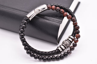 Parisi Armband - Schwarzes Lederarmband - Edelstahlschließe - Braune Tigeraugensteine - Mann - Herren - Inkl. Weiße Schmuckschachtel