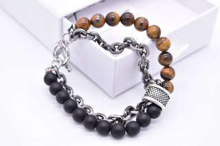 Parisi Armband - Edelstahl Kette - braunes Tigerauge und Schwarzer Achat Natursteine - Mann - Herren - Inkl. Weiße Schmuckschachtel