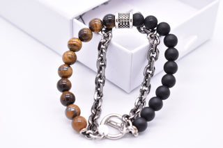 Parisi Armband - Edelstahl Kette - braunes Tigerauge und Schwarzer Achat Natursteine - Mann - Herren - Inkl. Weiße Schmuckschachtel