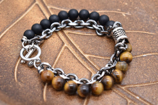 Parisi Armband - Edelstahl Kette - braunes Tigerauge und Schwarzer Achat Natursteine - Mann - Herren - Inkl. Weiße Schmuckschachtel