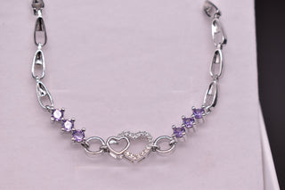 Parisi 925er Silber Armband - Herz aus Weißen Zirkon Steinen - Verziert aus Violettem Zirkon Steine - Frauen - Inkl. Weiße Schmuckschachtel